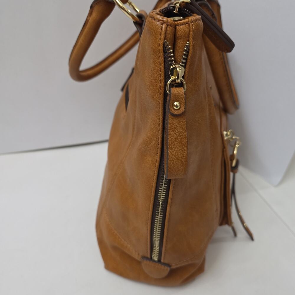 Apt. 9 Tan Faux Leather Satchel Handbag Double Handle Zip Pocket Purse - Picture 5 of 9